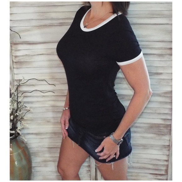 Contrast Trim Crew Neck  Top Black Ivory 2419 - Picture 4 of 6